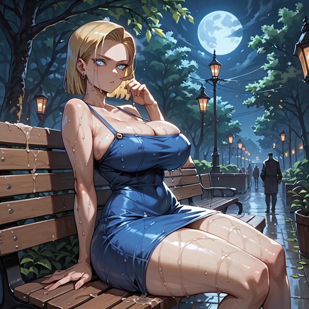 1 girl, android 18, dress, setuctive face, marked pupils, bench, detailed face, night, do not show hands, massive ass, massive breast, High definition, good face, very wet