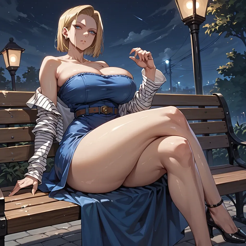 1 girl, android 18, dress, setuctive face, pupils, crossed legs, detailed face, night, solo, bench, do not show hands, massive ass, massive breast, High definition, rubbing