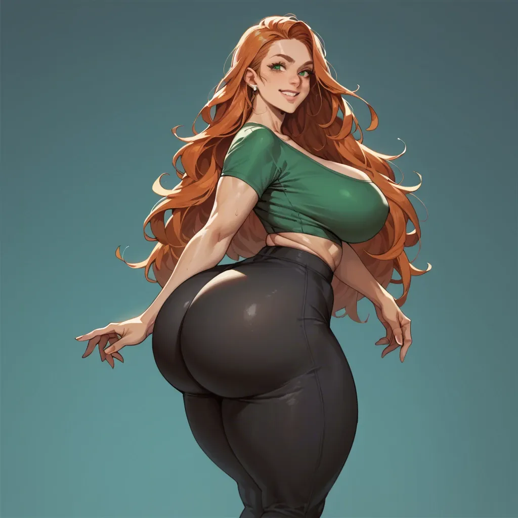 Gigantic ass, round ass, very wide hips, huge thick thighs, big breasts, big areolas, very thick, curvy, cute, very long wavy ginger hair, green eyes, smiling, green top, black yoga pants