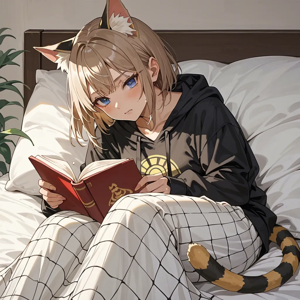 cute anime teen girl The Egyptian Mau catgirl , light brown hair and striped tail, blue eyes, in bed under a blanket, wearing a black sweatshirt with yellow stripes, Reading an erotic manga under a blanket,