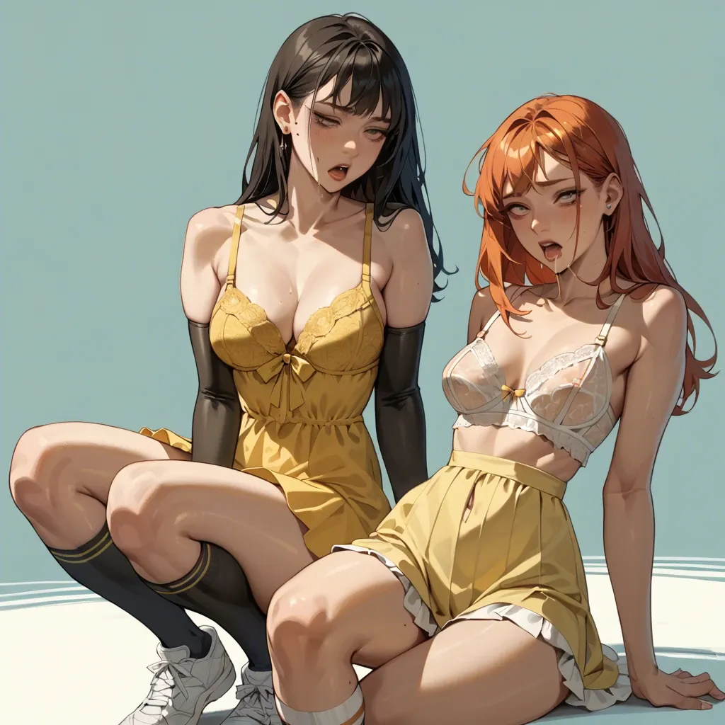 2girl, , , , mole under eye,elbows,perky big tits,narrow waist,yellow tank top, nightdress,knee socks,saliva strings,lingerie,white sneakers, lift skirt,black stockings,elbow gloves,mini skirt bra,heels, bar, spaceship, bunk beds, rapunzel, mari makinami