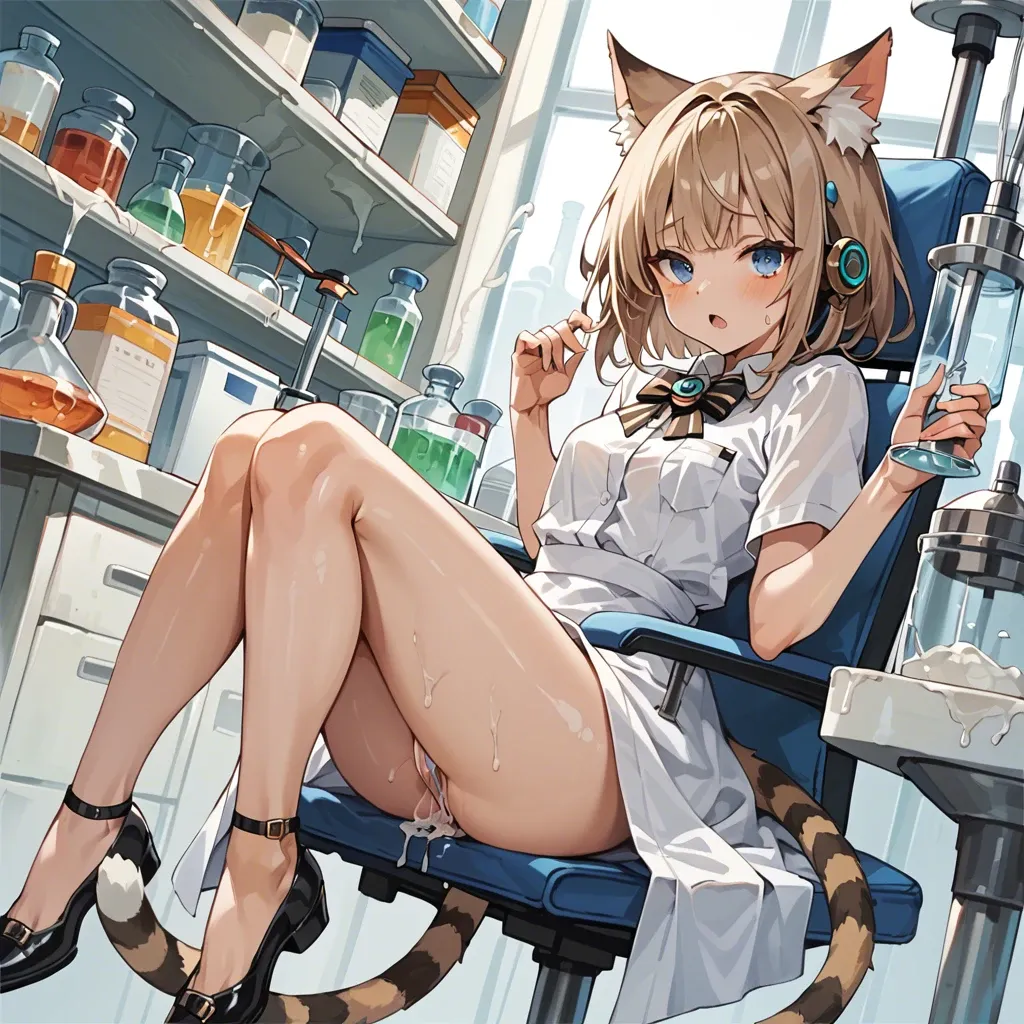 cute anime teen girl The Egyptian Mau catgirl , light brown hair and striped tail, blue eyes, in a scientist's dressing gown, they fuck in a laboratory near beakers and Petri dishes in which they squirt