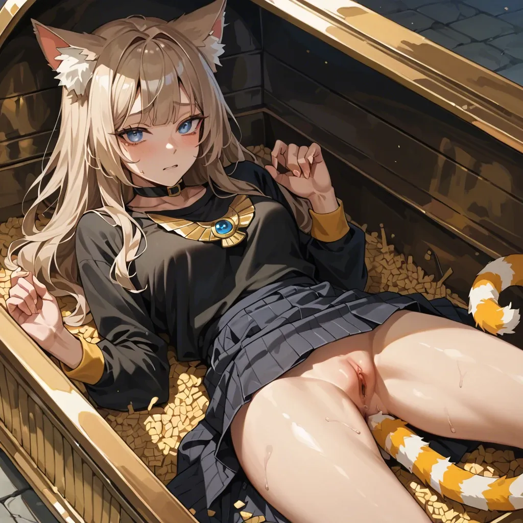 cute anime teen girl The Egyptian Mau catgirl , light brown hair and striped tail, blue eyes,  In the cemetery, she is sitting on a coffin, dressed in a black sweatshirt with yellow stripes, and a long Japanese skirt, He lies under a blanket and looks at a waterfall with bamboo