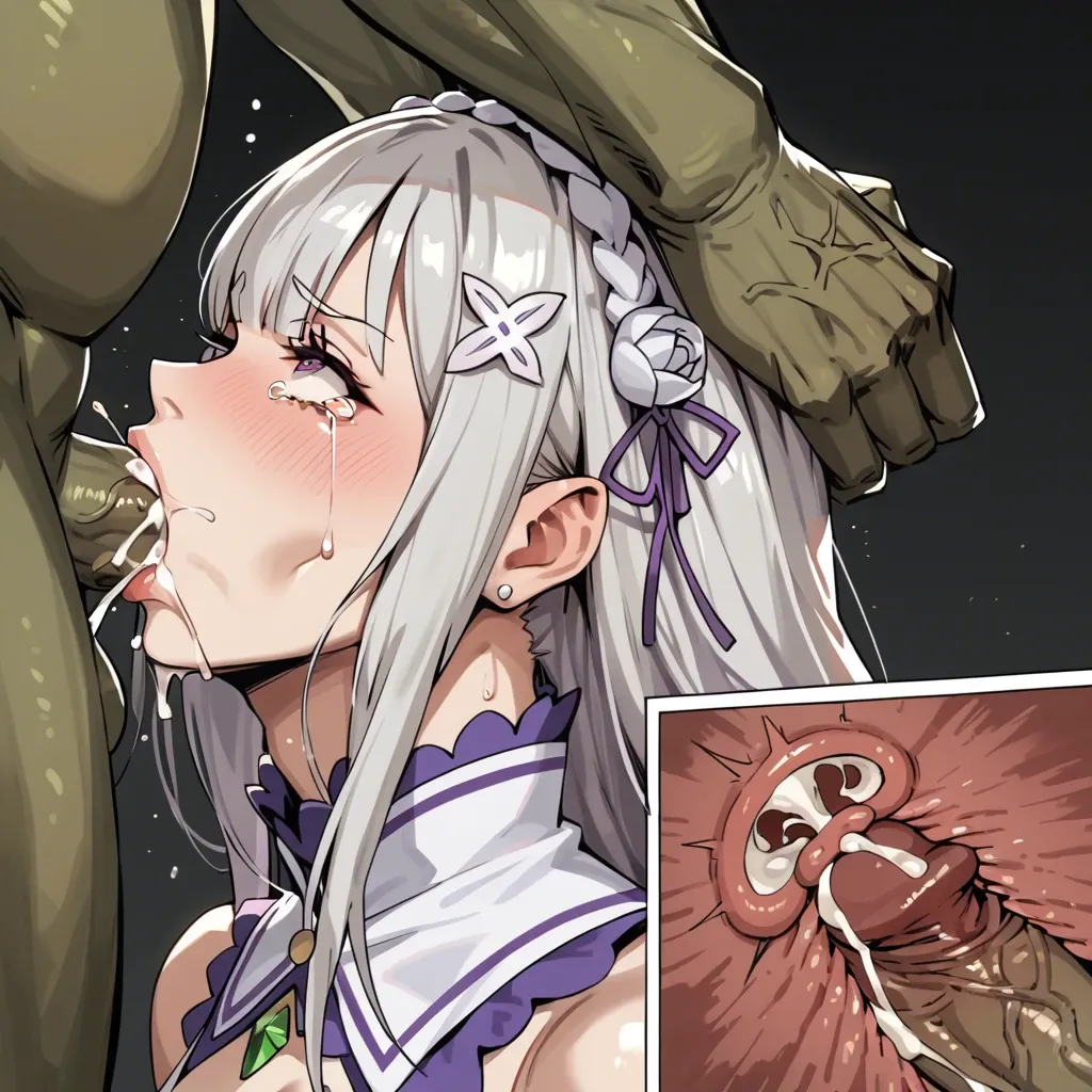 Emilia (re:zero),stockings,platform heels,deep thrusting,x-ray,creampie,comic,confused,suffering,tears,goblin,captured,leg lock felatio,deepthroat holder