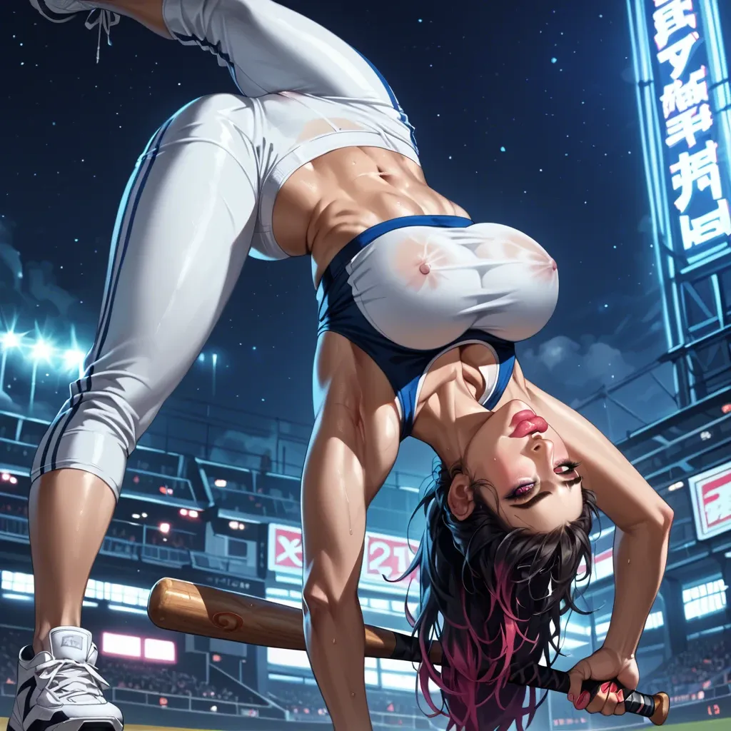 slim sexy girl with colored hairs in gym outfit, sport top, pants, big breasts, perfect body, baseball bat in her hand, sexy erotic face, expressive eyes, big lips, night city setting , upside down