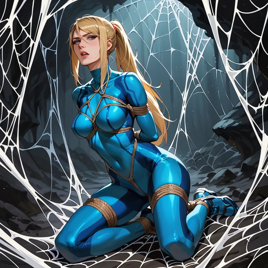 Nsfw, Samus aran, web bondage, dark cave, spider web bondage, blonde hair, spider web, web, arms tied behind back, full body view, webbed, covered in spider web,