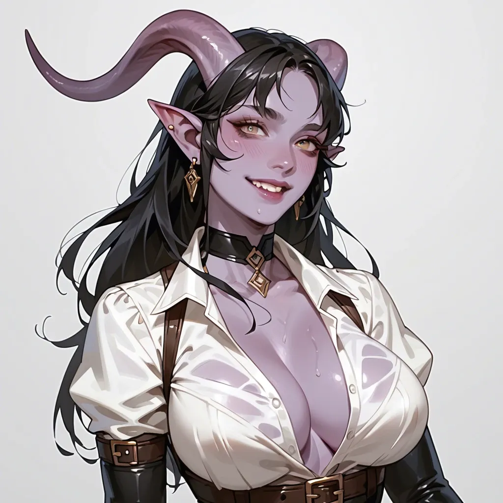 20 years old tiefling girl with purple skin, her torso is covered, big   breasts, white shirt, skinny, black hair, fantasy adventurer outfit, lether belts, long gloves, cute playful smile,