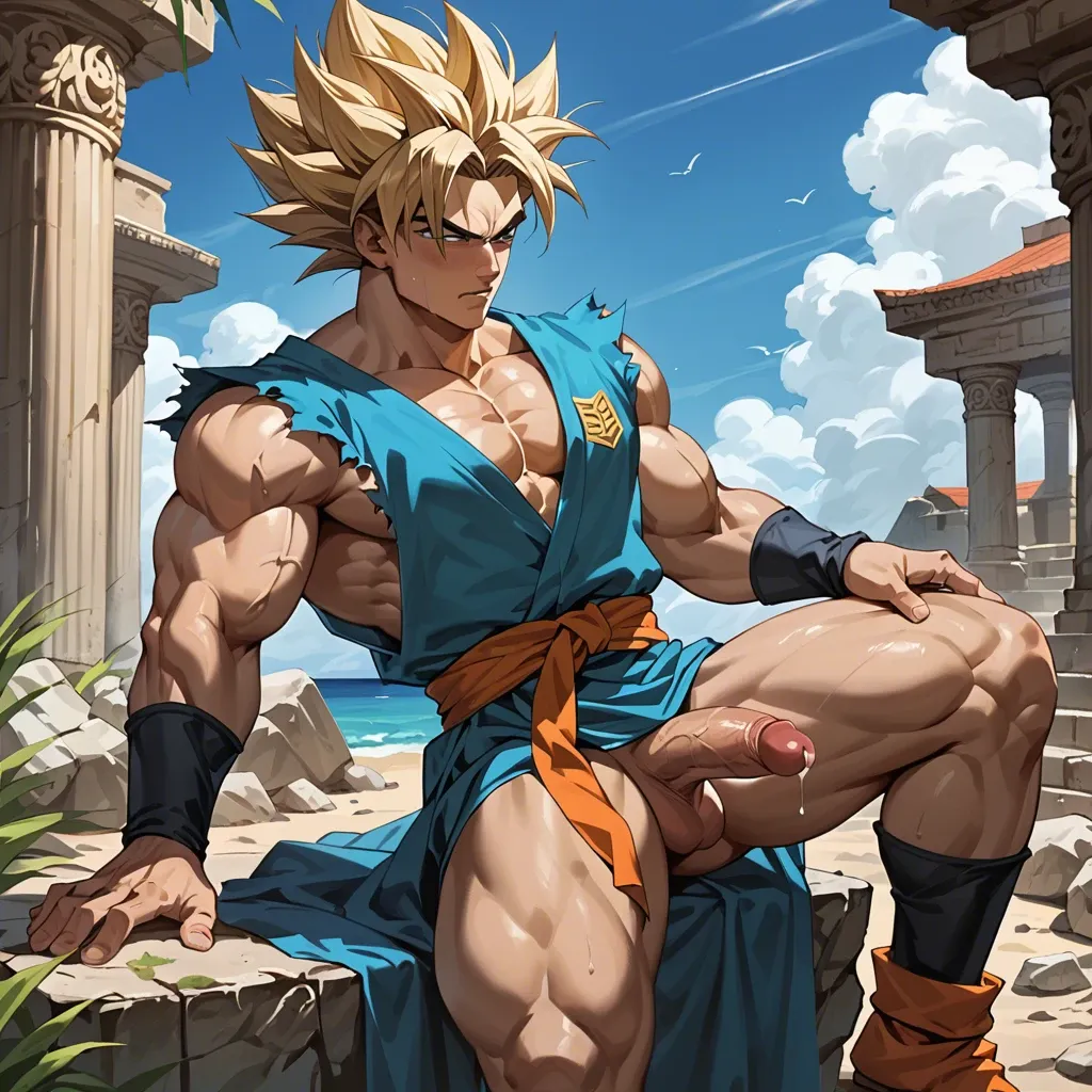 muscular male goku wearing a thigh-length ancient greek tunic coming out of the sea leaning on a rock face has straight blonde super saiyan hair sexy look