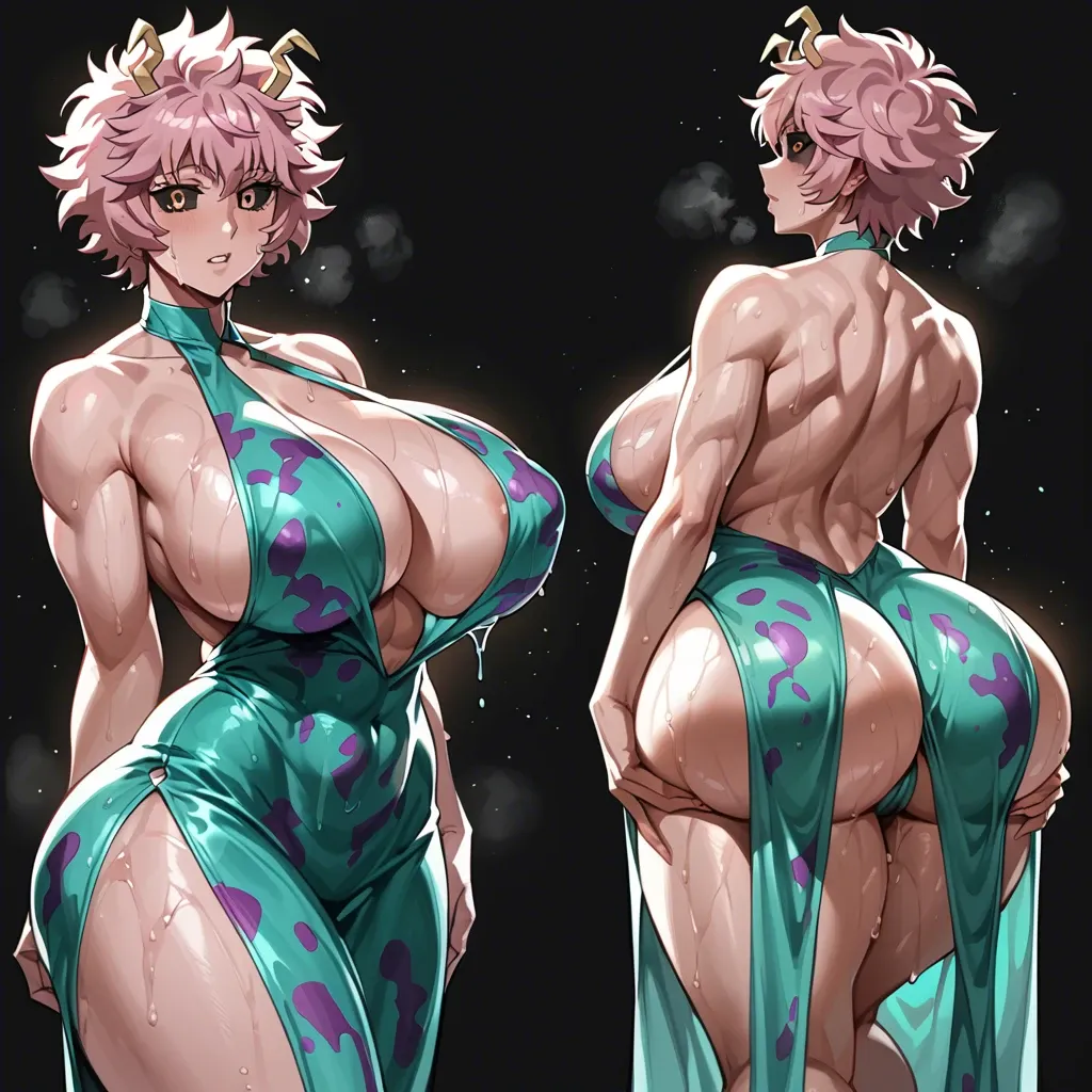 1 girl, mina ashido, holding ass, backless dress, standing, marked pupils, black background, massive breast, massive ass, abs, High definition, very wet