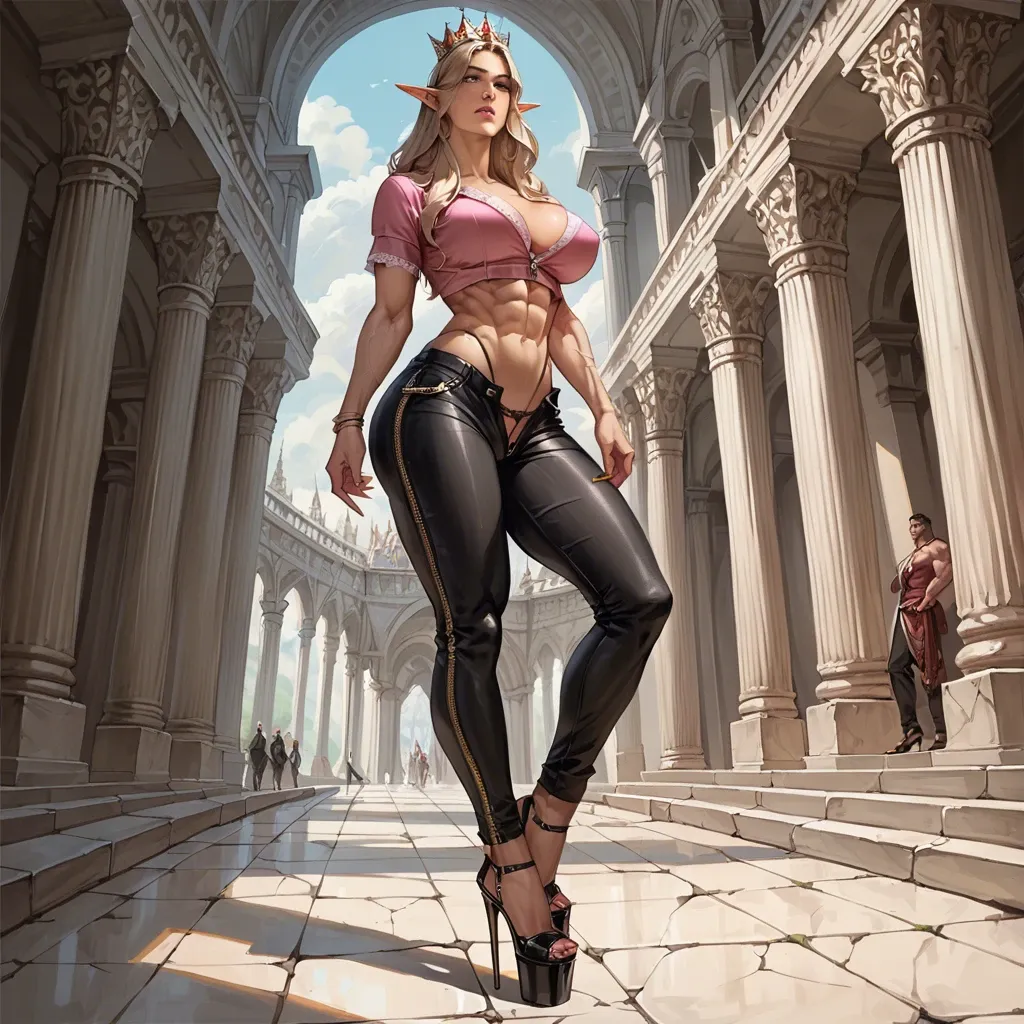 1girl,solo, , , , thin lips,veiny arms,large breasts,abs,man standing, pink crop top,lace stockings,crown,micro thong,stiletto heels, unzipped pants,elf palace,jewelry,black thong,platform heels, plaid shirt,white lace,belt,beige bra,black boots, showering, throne room, detailed body, golden hour, princess peach, anna hair, lesbi sex