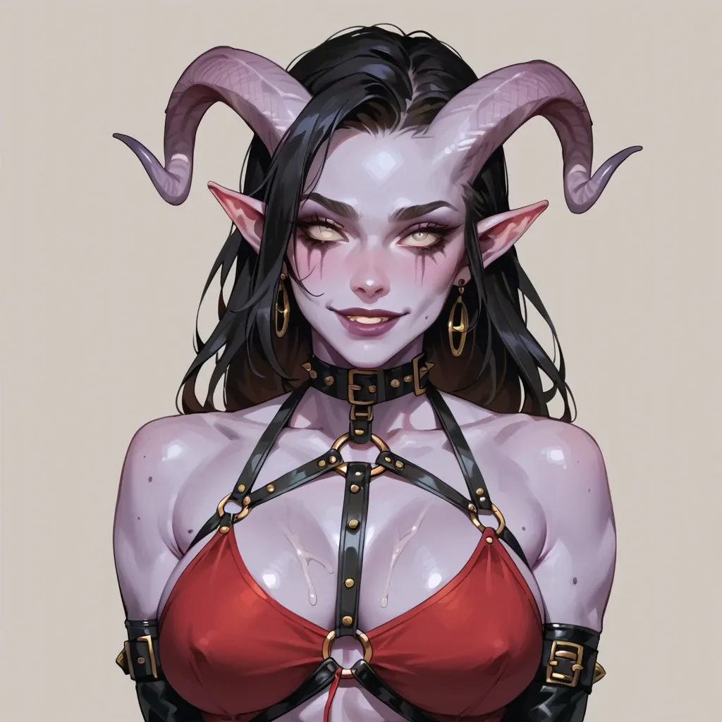 body is covered, 20 years old tiefling girl with purple skin, torso is covered, big breasts, red shirt, skinny, black hair, fantasy adventurers outfit, lether belts, long gloves, cute playful smile, leather harness