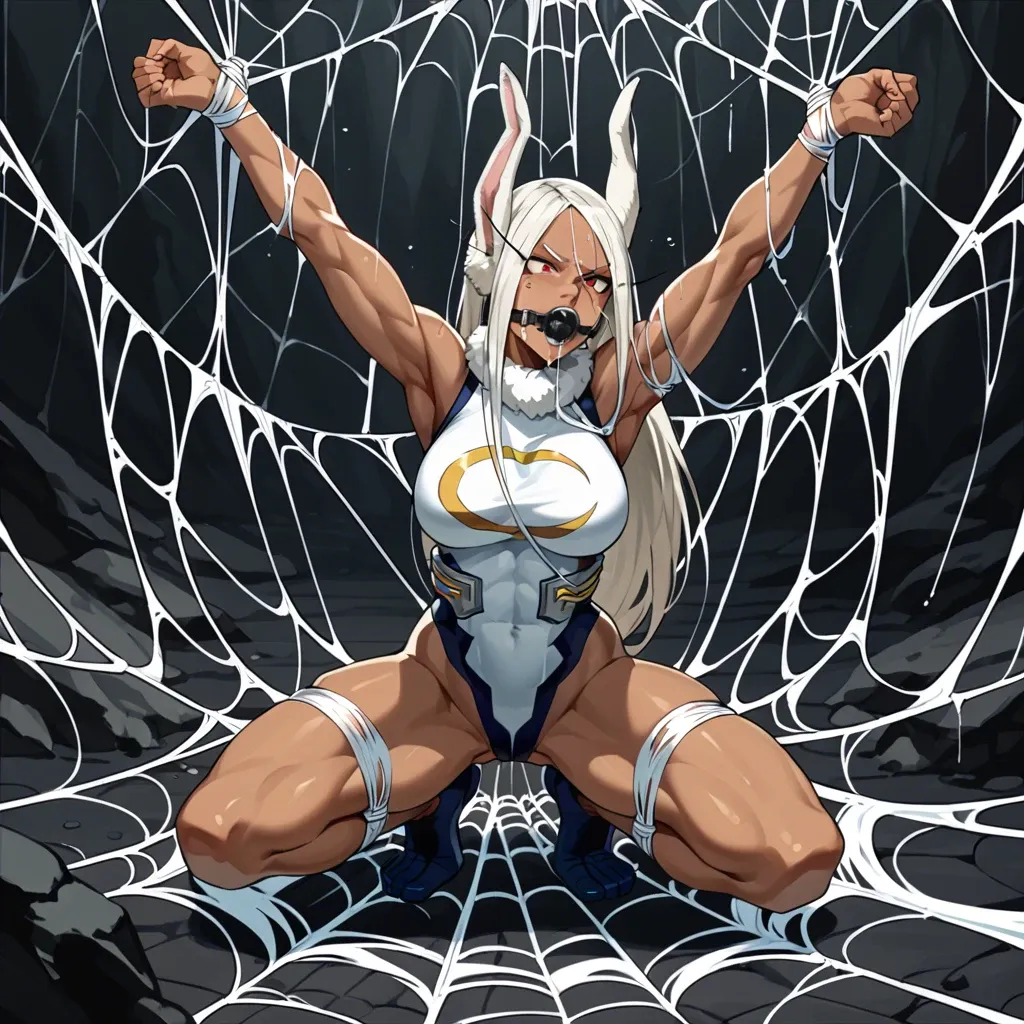 Nsfw, miruko, my hero academia, web bondage, dark cave, spider web bondage, spider web, web, full body view, webbed, covered in spider web, web gag, drooling, struggling,