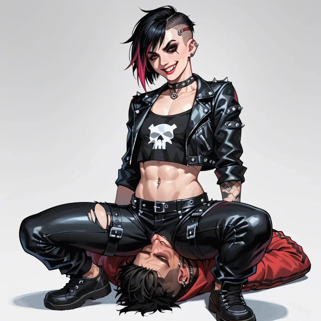 Fight club, smile emo flat-chested girl, femdom, emo clothes, jacket, pants, facesitting