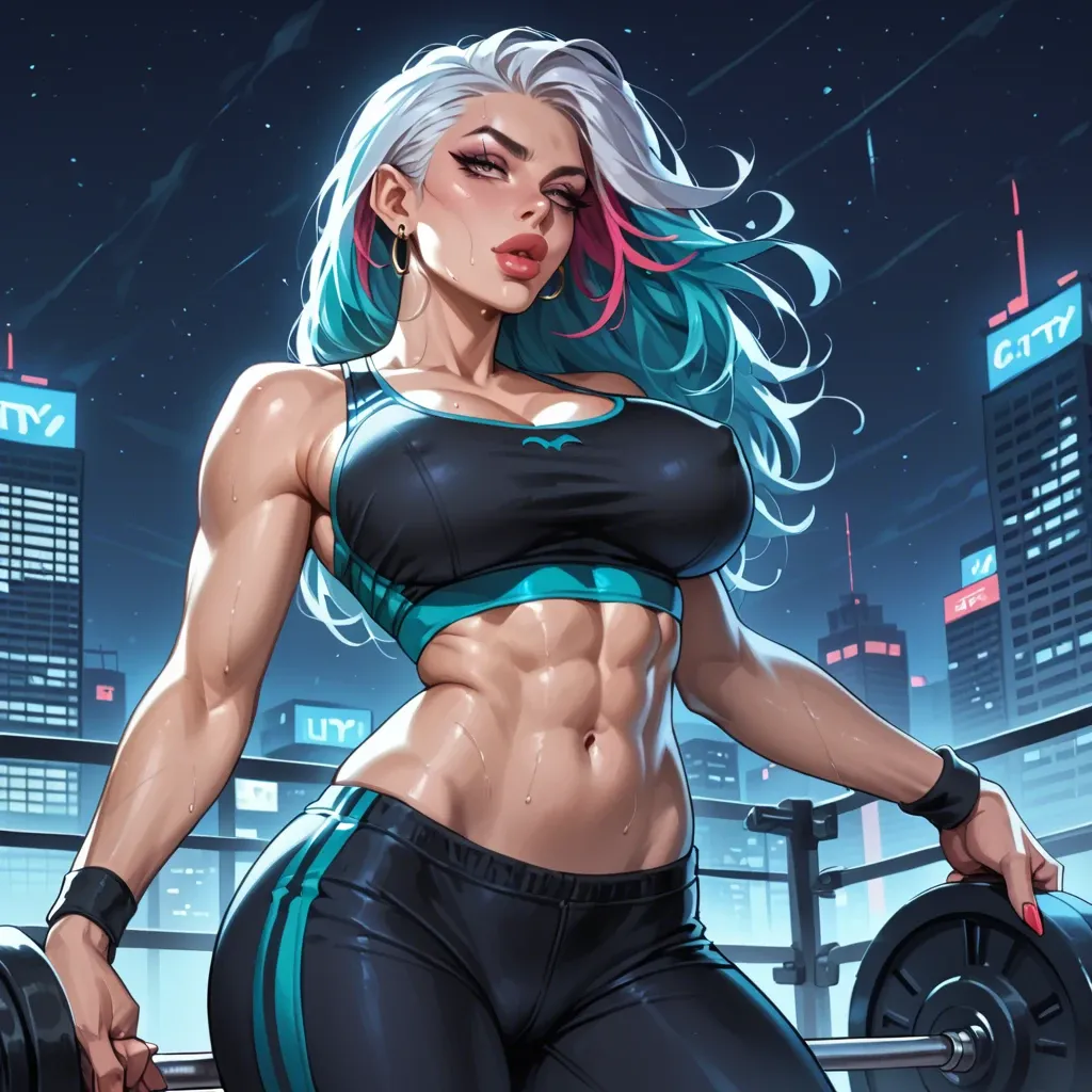 slim sexy girl with colored hairs in gym outfit, sport top, pants, big breasts, perfect body, bat in her hand, sexy erotic face, expressive eyes, big lips, night city setting