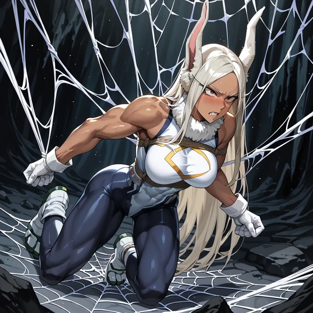 Nsfw, miruko, my hero academia, web bondage, dark cave, spider web bondage, spider web, web, full body view, webbed, covered in spider web, struggling, skin tight web bondage, coconed in spider web