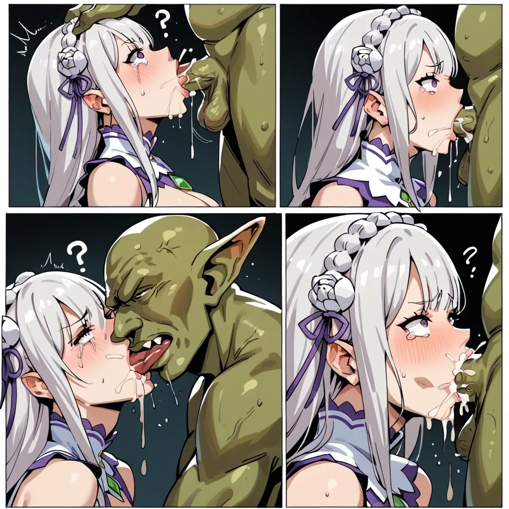 Emilia (re:zero),stockings,platform heels,deep thrusting,creampie,comic,confused,suffering,tears,goblin,captured,leg lock felatio,deepthroat holder