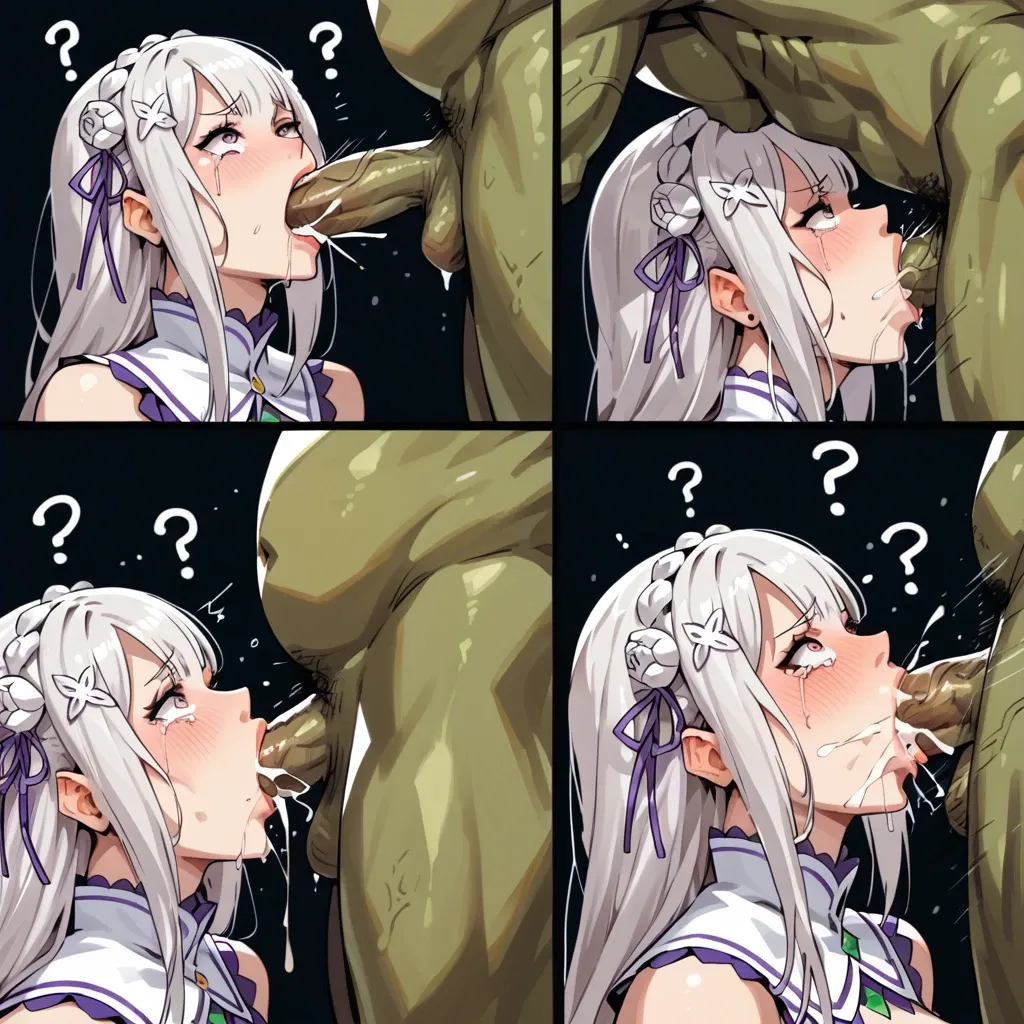 Emilia (re:zero),stockings,platform heels,deep thrusting,creampie,comic,confused,suffering,tears,goblin,captured,leg lock felatio,deepthroat holder,brutal