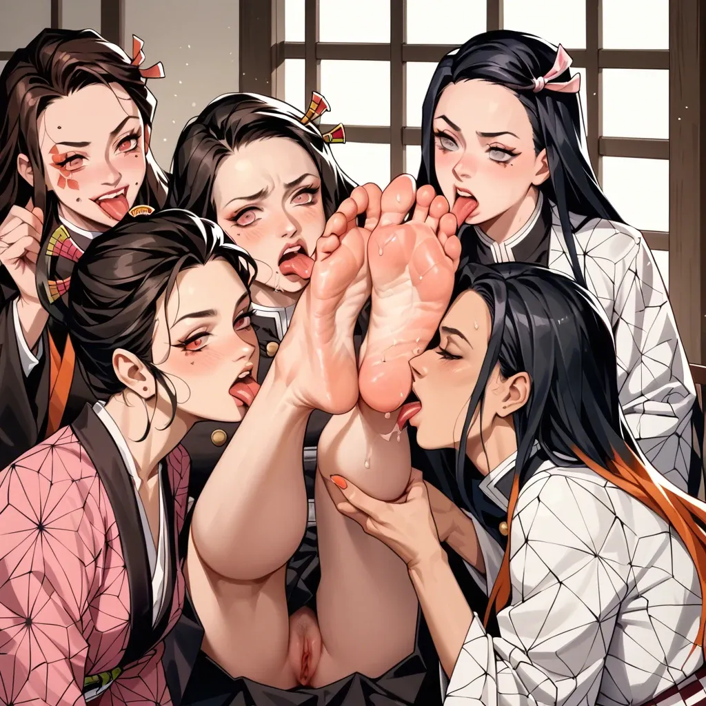 Kimetsu no yaiba, Nezuko, 4 girls, lesbian soles worship, lesbian ankles licking, lesbian big toe sucking, soles focus, soles view, soles tickling, feet in mouth, big soles, tongue licking all the sole, licking each others soles, putting big toes deep in mouth, soles in mouth, on knees, tied, under soles on view, licking under soles, soles on face