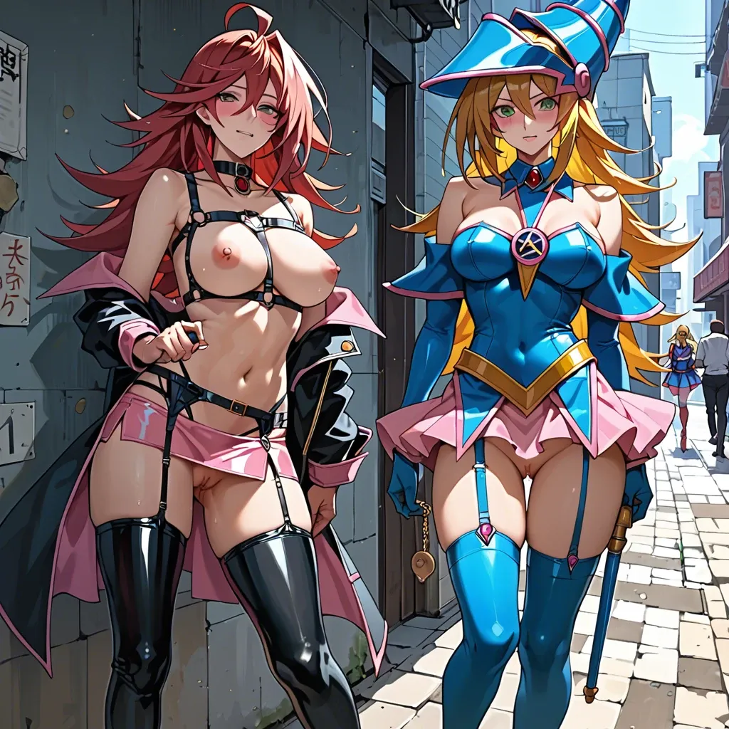 2 girls, Akiza Izinski and Dark Magician Girl, yu-gi-oh anime, prostitute sluts, prostituting themselves, blue leather body and thigts harness, leather garter belt, black latex long socks, pink latex micro skirt, open crotch panties, nipple piercing, pubic hair, clitoris piercing, pink platform high heels, lesbian kiss, on fours, in an hotel entrance,