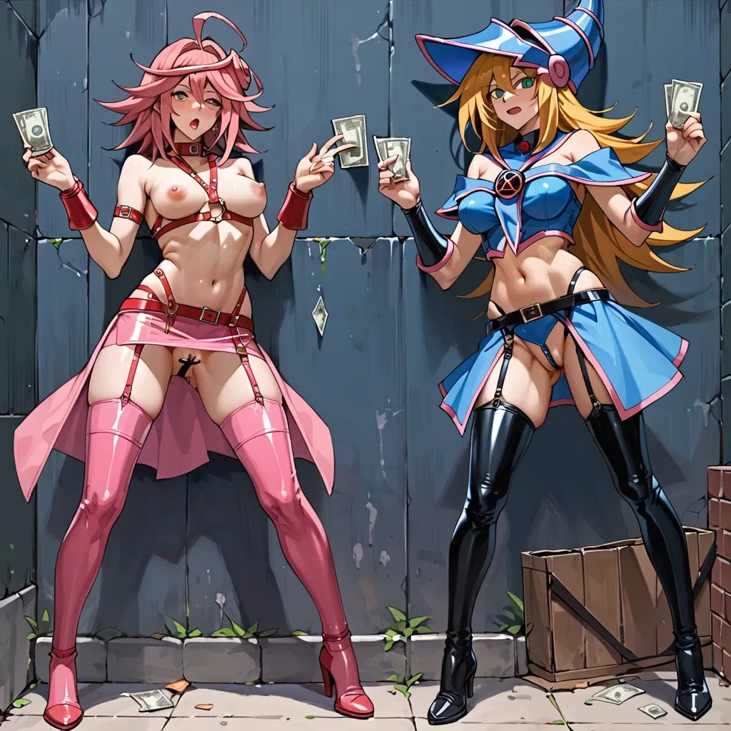 2 girls, Akiza Izinski and Dark Magician Girl, yu-gi-oh anime, prostitute sluts, prostituting themselves, blue leather body and thigts harness, leather garter belt, black latex long socks, pink latex micro skirt, open crotch panties, nipple piercing, pubic hair, clitoris piercing, pink platform high heels, lesbian kiss, on fours, in an hotel entrance,