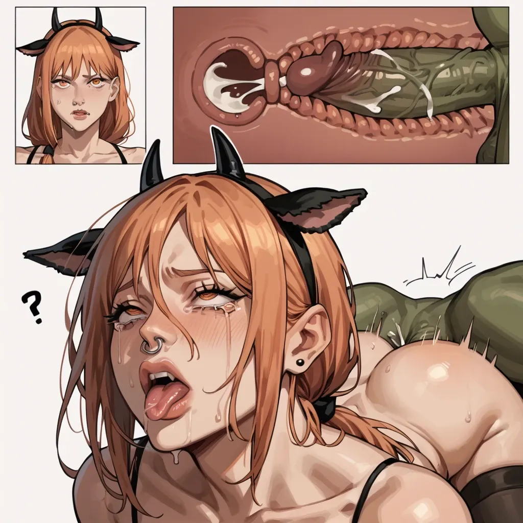 Makina (chainsaw man),stockings,feet,deep thrusting,x-ray,creampie,comic,confused,rolling eyes,tongue out,puckered lips,tears,goblin,captured,v,cheated by goblin,nose piercing,cow ears,cow horns,recording