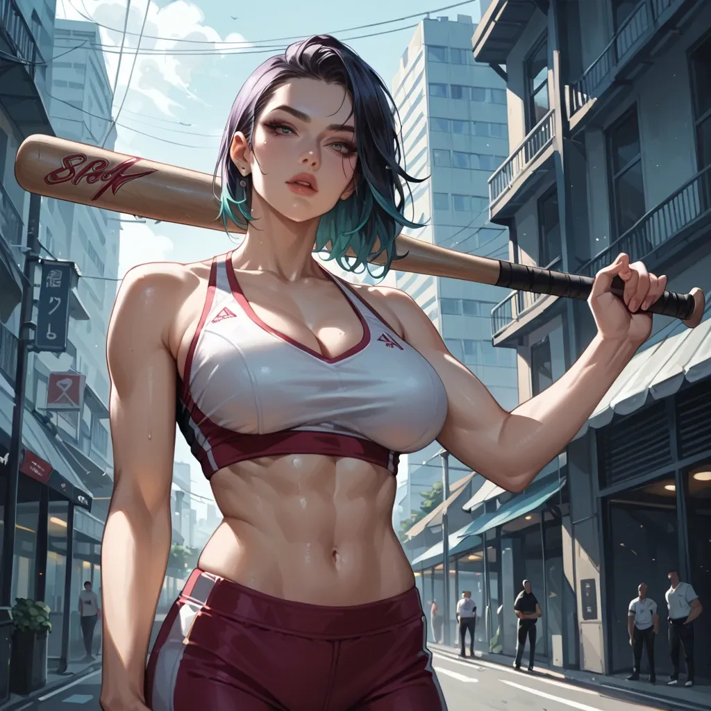 slim sexy girl with colored hairs in gym outfit, sport top, pants, big breasts, perfect body, baseball bat in her hand, sexy erotic face, expressive eyes, expressive lips, night city setting , upper view