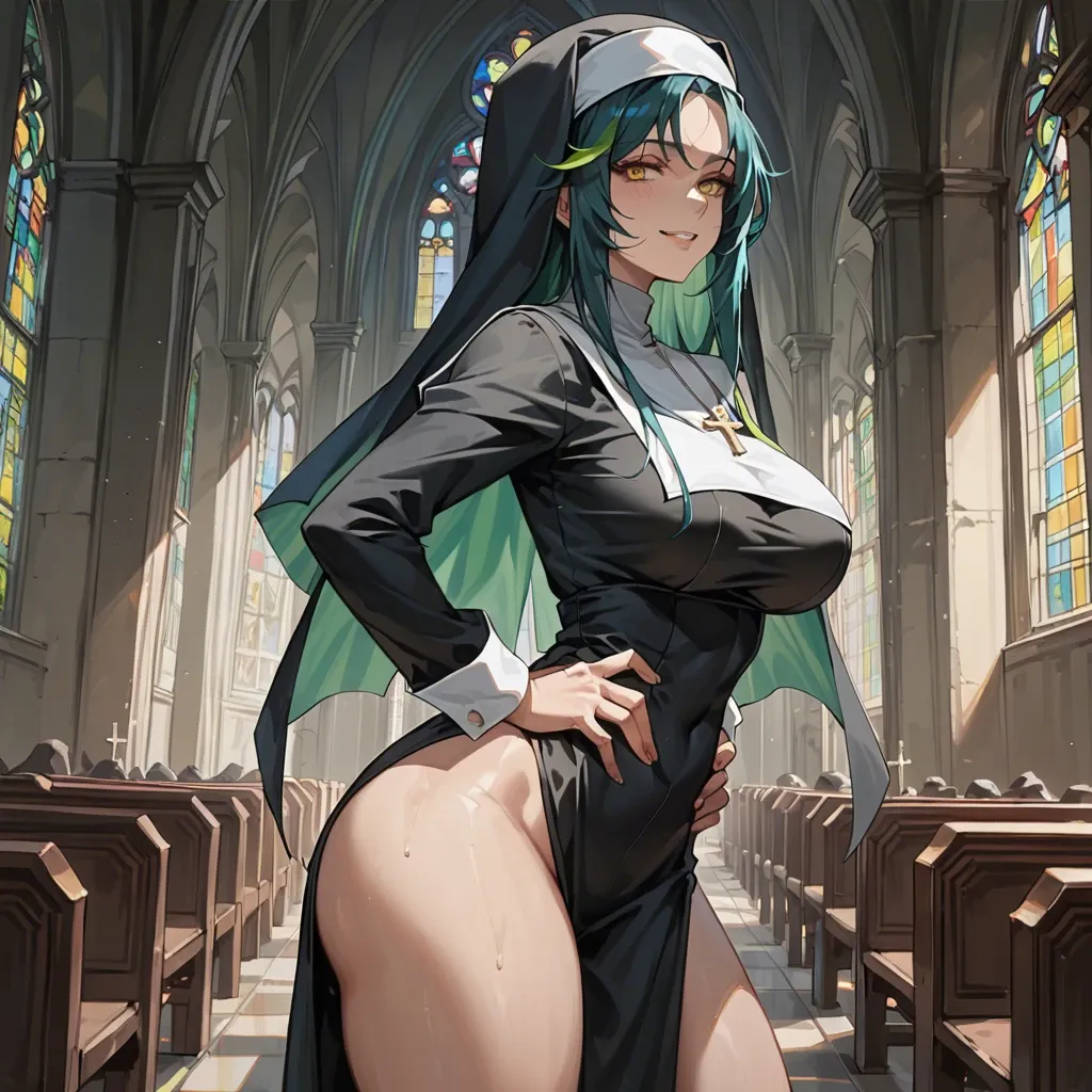 back view, nun outfit, anime style, curvy, perky breasts, big ass, slim waist, voluptuous figure, hourglass figure, blue hair, green streak in hair, yellow eyes, seductive smile, hands on hips, looking at viewer, church interior, stained glass window, bright lighting, religious setting, provocative, sensual, mature female, digital art, 2d, thigh gap, white cross, black dress, habit, white wimple, dynamic pose, blush, exposed back, thick thighs, wide hips, toned buttocks, contoured body, bare legs, glossy skin, teasing pose