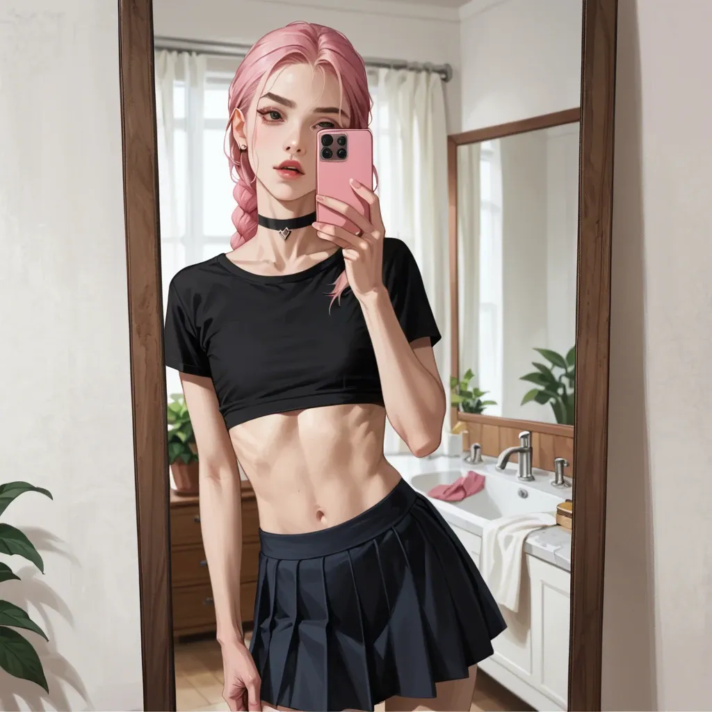 full detailed,accurate,pink braid,youngfull,slim,petite,skinny,flat chest,choker,crop top,skirt,selfie in mirror