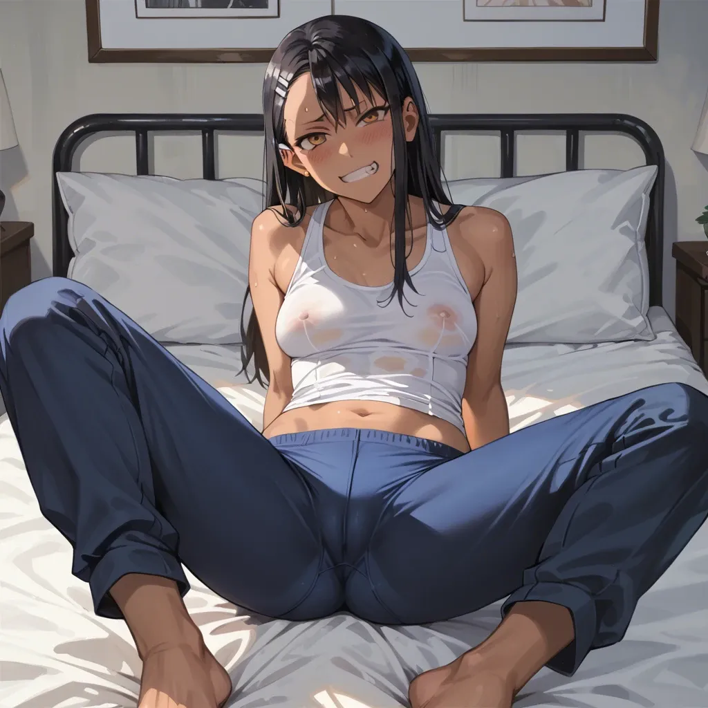 Nagatoro, anime, underpants, bed, spread legs, sit