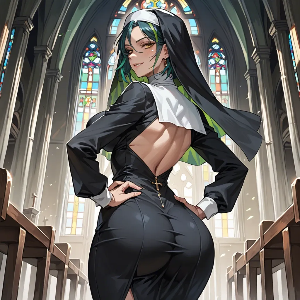 back view, nun outfit, anime style, curvy, perky breasts, huge butt, slim waist, voluptuous figure, hourglass figure, blue hair, green streak in hair, yellow eyes, seductive smile, hands on hips, looking at viewer, church interior, stained glass window, bright lighting, religious setting, provocative, sensual, mature female, digital art, 2d, thigh gap, white cross, black dress, habit, white wimple, dynamic pose, blush, exposed back, thick thighs, wide hips, toned buttocks, contoured body, bare legs, glossy skin, teasing pose