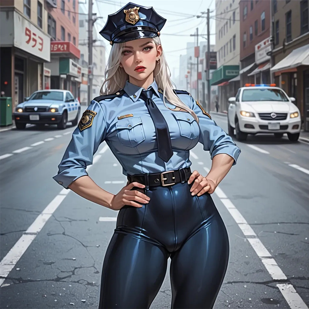 anime, police officer, white hair, female, highway, curvy, big breasts, big ass, narrow waist,large hips, slim waist, tight uniform, Leggings,police cap, daytime, realistic shading, detailed background, hands on hips, plump thighs, plump belly