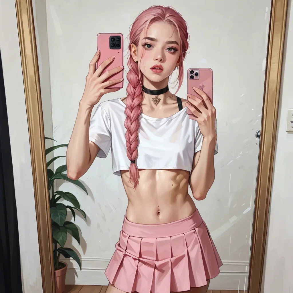 realistic,full detailed,accurate,pink braid,youngfull,slim,petite,skinny,flat chest,choker,crop top,skirt,selfie in mirror