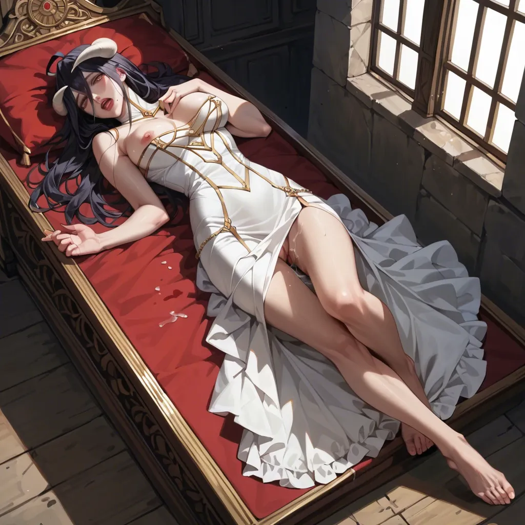 Albedo lying in a coffin with her eyes shut and her pussy dripping. She is barefoot and her son is dressing her dead corpse in a beautiful white dress