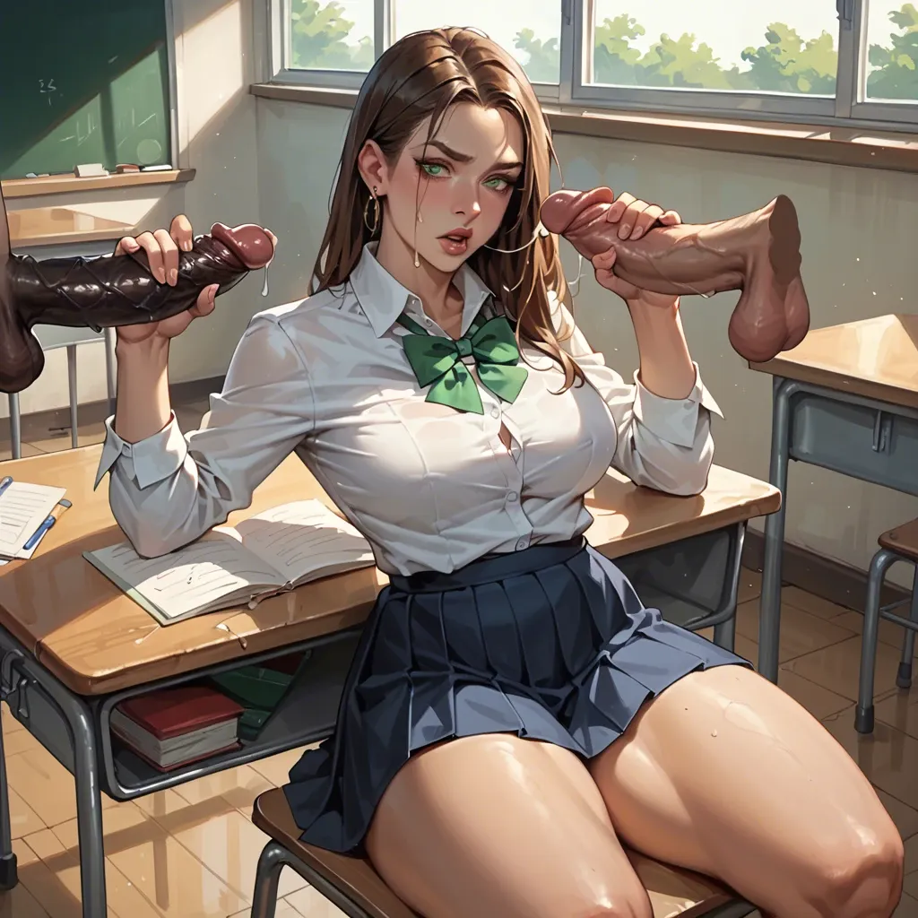 White girl, brown hair, pretty, green eyes, thick body, thick thighs, thick legs, big boobs, schoolgirl costume, sat behind desk, classroom, girls in the background, bbc, black man laying his big black cock, handjob, erect cock on the desk.