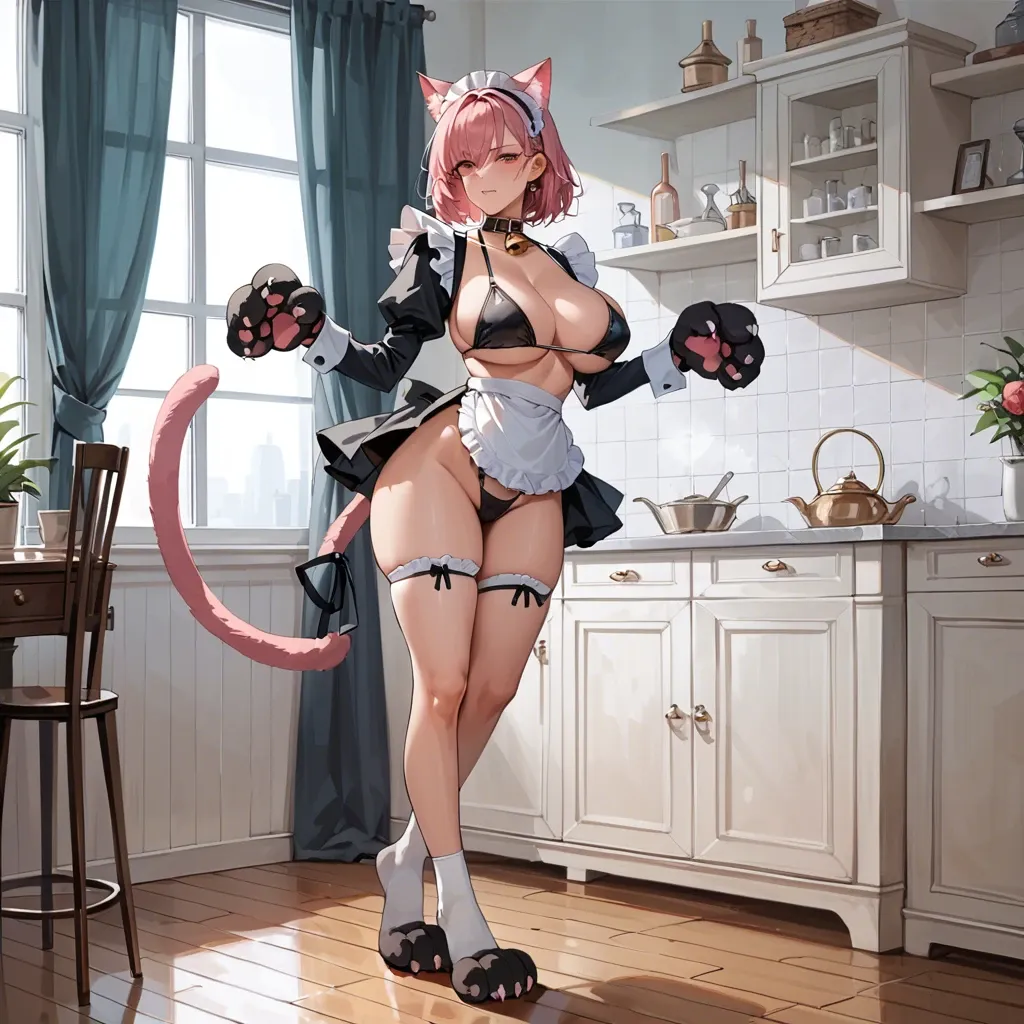 anime, catgirl, maid outfit, indoors, full body, illustration, standing, pink hair, cat ears, cat paws, collar with bell, huge breasts, firm breasts, curvy, large hips, thick thighs, slim waist, black bikini bottom, black top, white frills, white tail, spade tattoo, smiling, reaching out, soft lighting, simple background, text on clothing (BLACKED), black color, white color, pink color