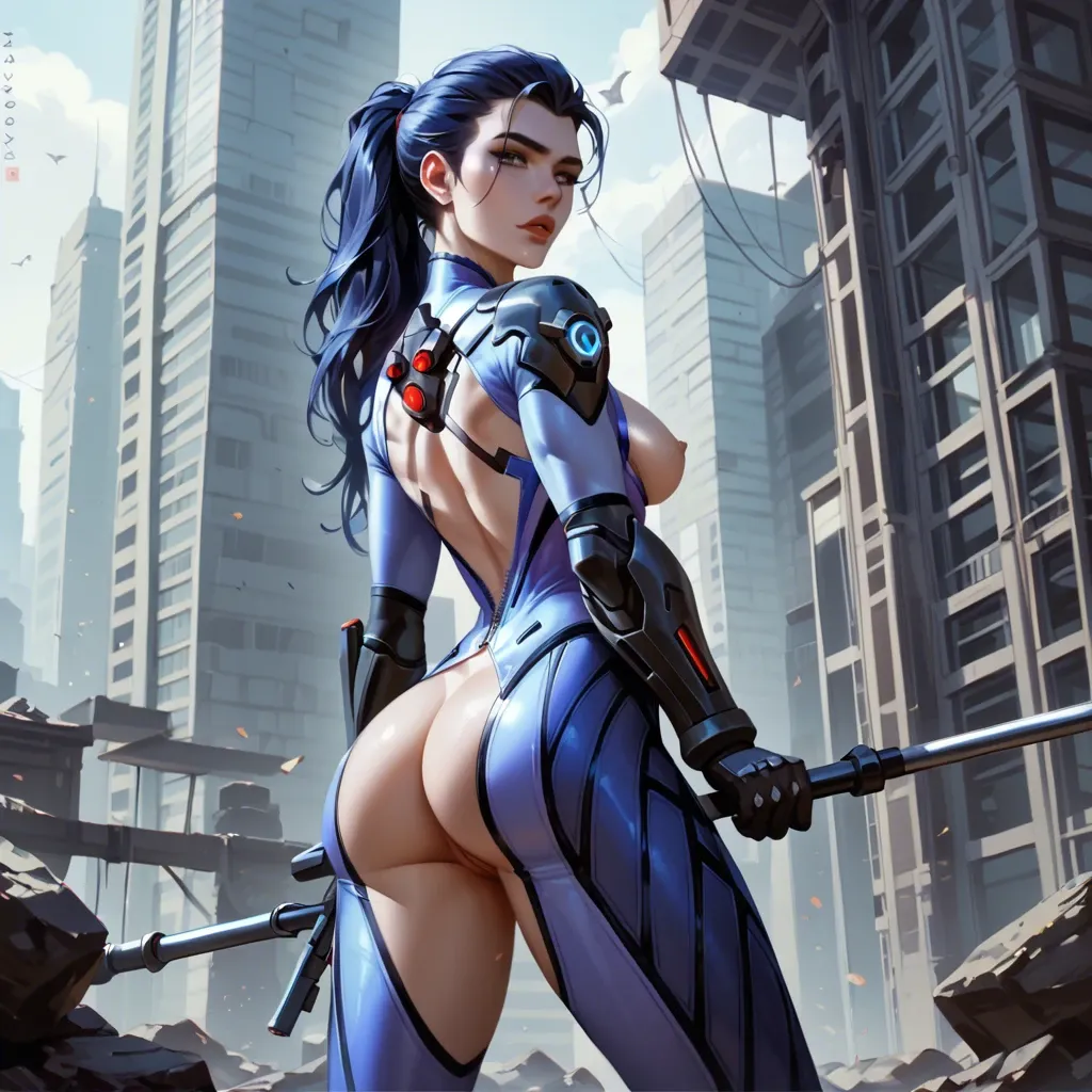 Unbuttoned widowmaker suit, expanding perky tits, big athletic bubble butt, detailed, sideboobs, big perfect boobs see through, show ass, thin waist, shaved pussy, seductive, seductive face, big burgundy lips, blue eyes, transparent thick hair ponytail, upskirt, belt tie