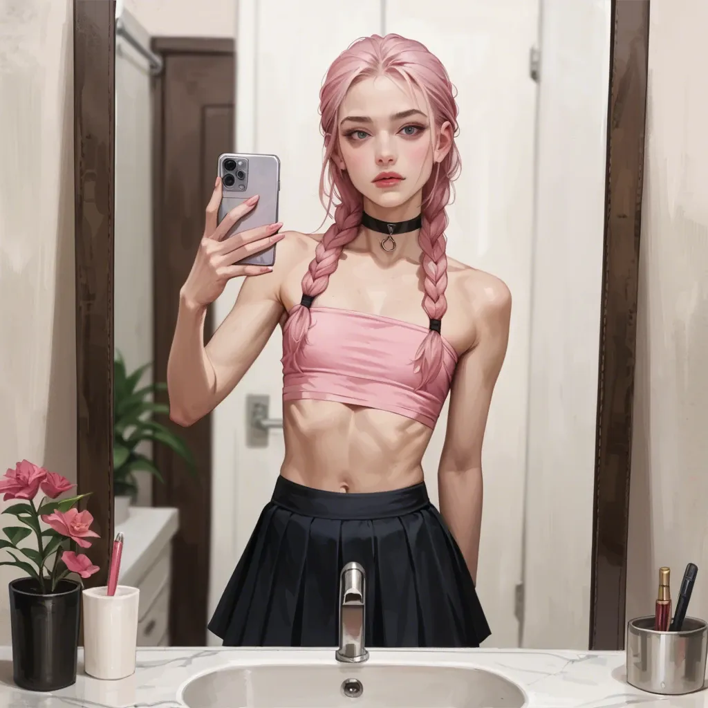 realistic,full detailed,accurate,pink braid,youngfull,slim,petite,skinny,flat chest,choker,crop top,skirt,selfie in mirror