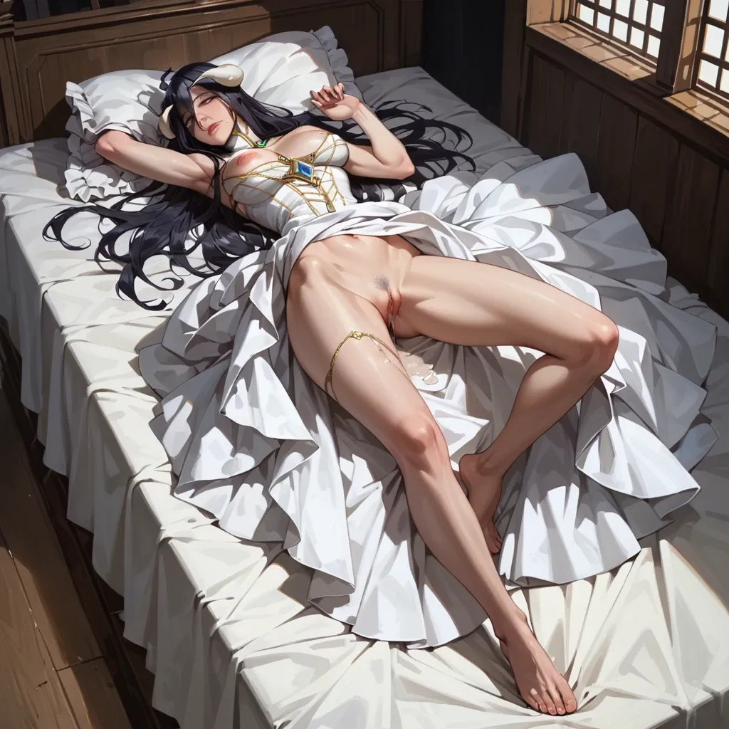 Albedo lying in a coffin with her eyes shut and her pussy dripping. She is barefoot and her son is dressing her dead corpse in a beautiful white dress. Her hands are rested on her chest