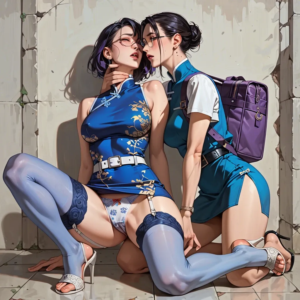 2girl, , , , molesting,perfect hand,perky tits,purple backpack,hold neck, china dress,blue stockings,belt,print panties,high heels, blue dress,garter belt,circle glasses,white lingerie,strappy sandals, bathroom, cyberpunk, unforgettable, linked collars, rapunzel waifu