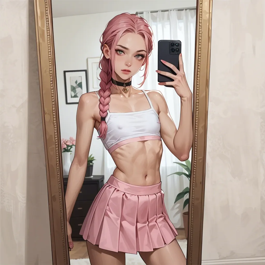 realistic,full detailed,accurate,pink braid,youngfull,slim,petite,skinny,flat chest,choker,crop top,skirt,selfie in mirror