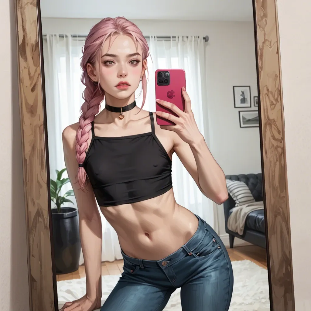 realistic,full detailed,accurate,pink braid,youngfull,slim,petite,skinny,flat chest,choker,crop top,crop jeans,selfie in mirror