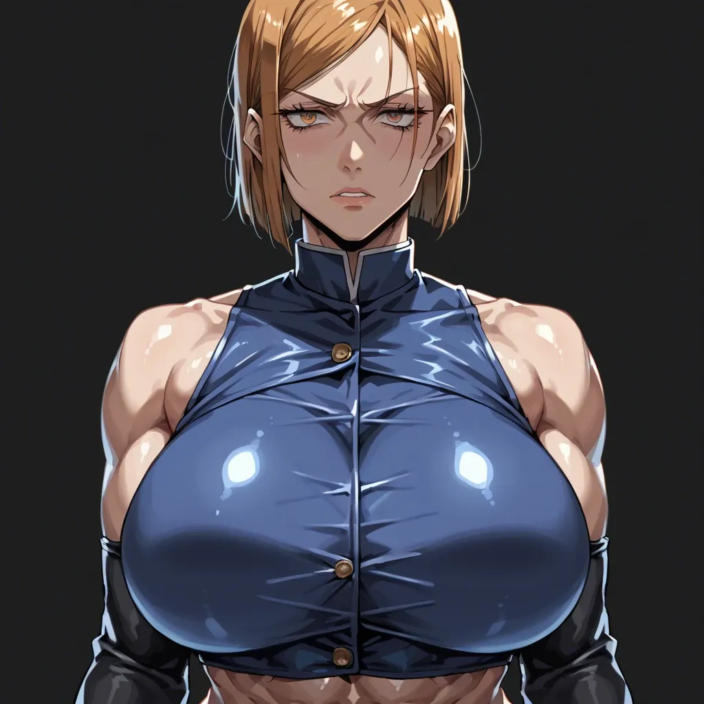 1 girl, nobara kugisaki (jujutsu kaisen), gloves, brilliant eyes, focus from behind, upper body, tight clothes, detailed face, black background, do not show hands, massive ass, massive breast, abs, High definition, backless dress