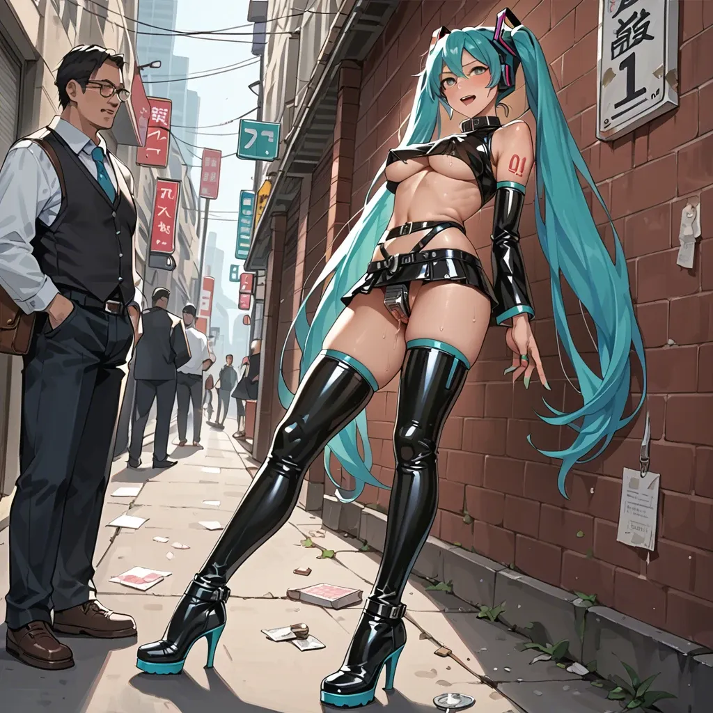 Hatsune Miku, anime, prostitute slut in sexy pose, prostituting herself, tigh blouse underboobs, latex micro skirt, chastity belt, pubic hair, nipple piercing, latex long high heels boots, with a man in a hotel entrance, used condoms in her skirt