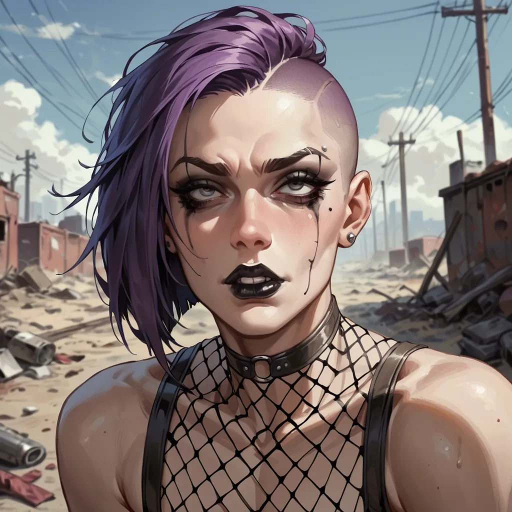 Femboy, half shaved head, purple hair, medium penis, saggy balls, fallout, wasteland, mesh thong, mascara, black lipstick, mad face