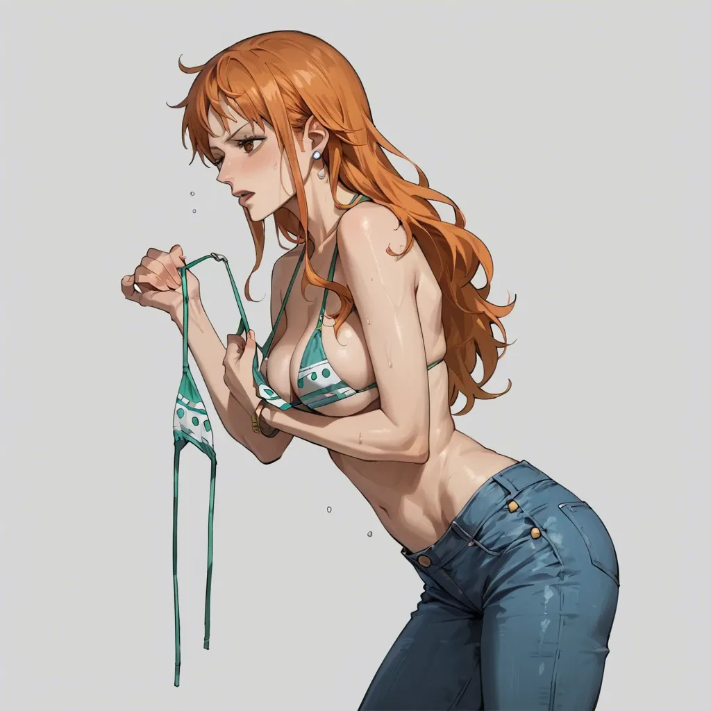 nami one piece, normal bikini, jeans pants, clothed, removing bikini top