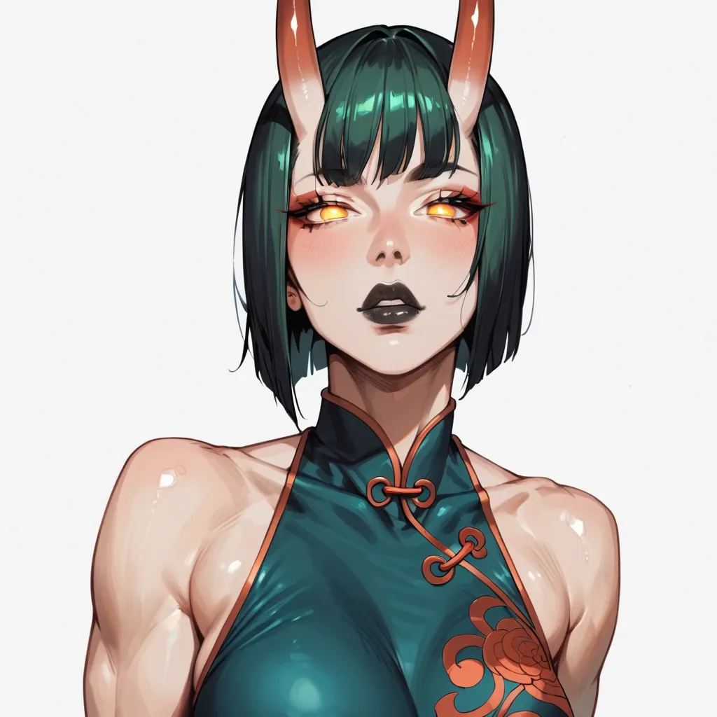 Shuten-Douji,  transparent one shoulder qipao, athletic body, show tits  out, big perky perfect tits, pushup tits, side view from above, seductive face, glowing pupils, large black closed lips, heavy upper lips, hair braid, vulgarity