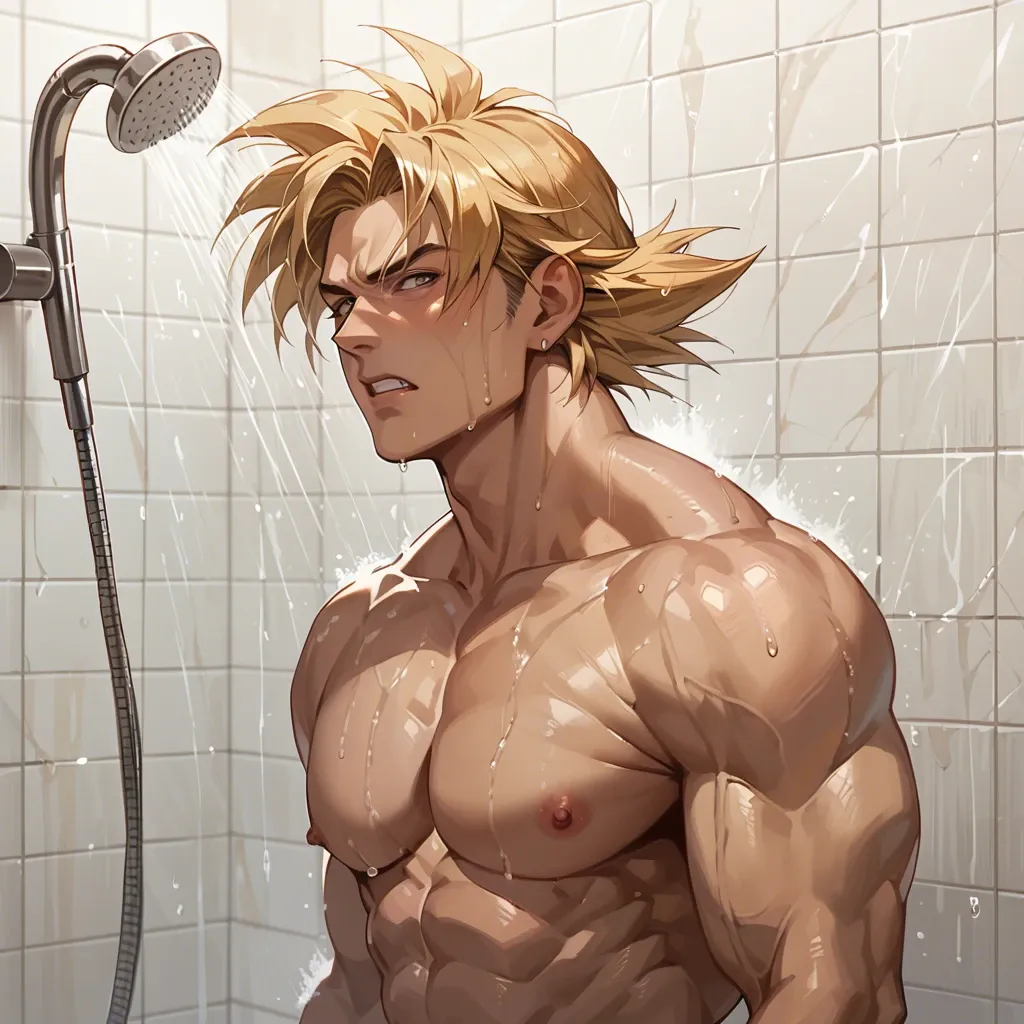 muscular male goku taking a shower long blonde hair and ecstatic look