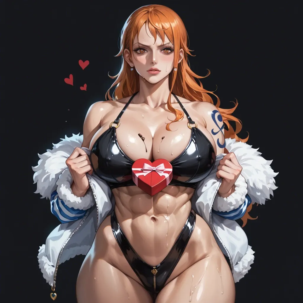 1 girl, nami (one piece), valentine's day, holding a chocolate present, seductive face, brilliant eyes, upper body, tight clothes, detailed face, black background, do not show hands, huge ass, massive ass, abs, High definition