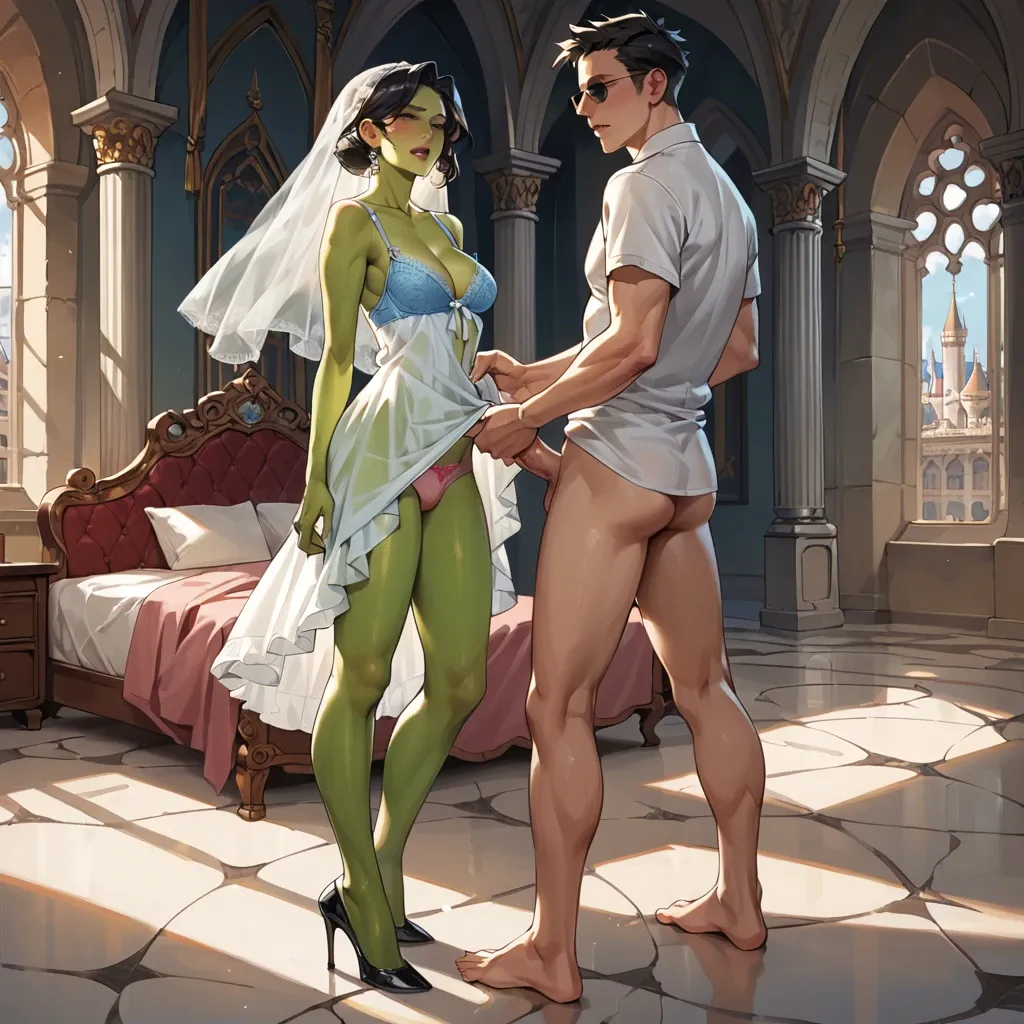 1girl,1boy, , , , cheek,heels,perky big tits,grabbing hips,green skin, lift skirt,palace bedroom,sunglasses,pink panties,no shoes, nightgown,pantyhose pull,white veil,blue bra,knee boots, sit on a couch, sunny in forest, cyberpunk, european girl, shelf, super mario