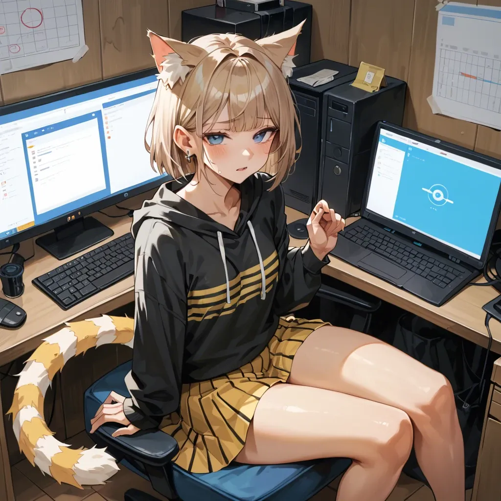 cute anime teen girl The Egyptian Mau catgirl , light brown hair and striped tail, blue eyes, black sweatshirt with yellow stripes, Japanese long skirt, sitting at a computer, He turns away from the computer, looks at the laser on the wall, the red dot from the laser on the wall, laser pointer, laser pointer points at the wall, looks at the laser, rear view